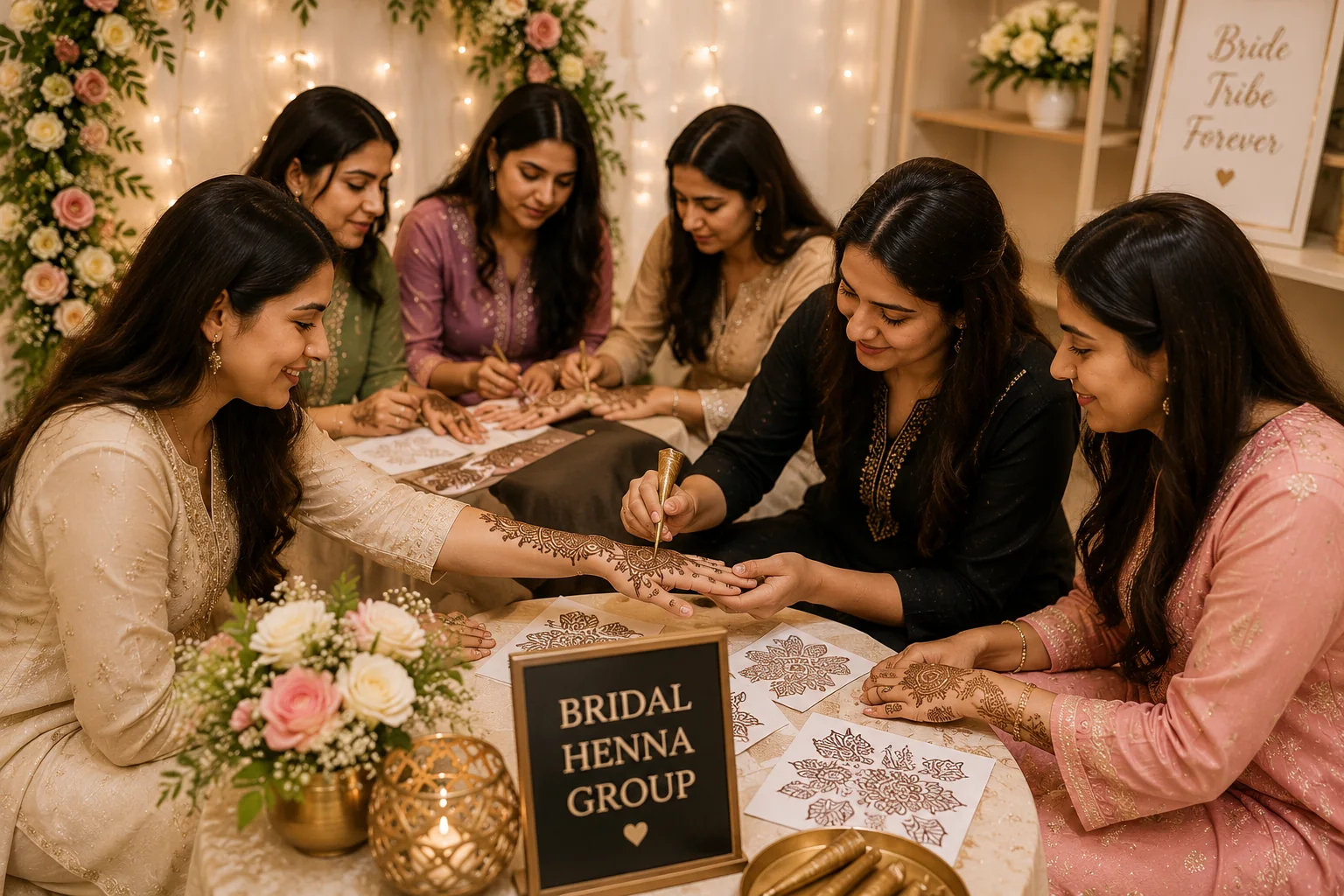 A group showing off their finished henna designs together