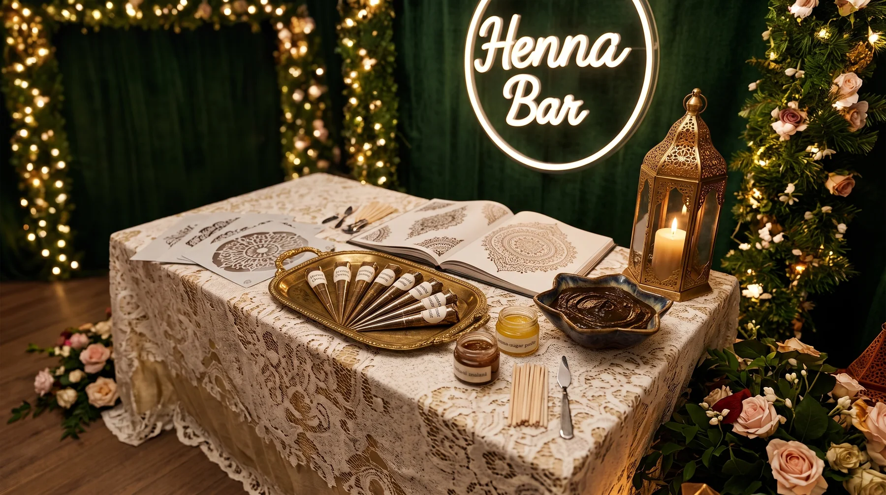 Henna bar set up with cones, design books and lanterns